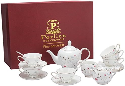 Porlien 6.7-Ounce Teacup/Coffee Cup &amp; Saucer Set with Spoon, Pink Floret, Porcelain, Perfect Gift Set