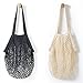 YEKEYI 2Pcs Portable Reusable Mesh Cotton Net String Bag Organizer Shopping Tote Handbag Fruit Storage Shopper NEW (BLACK,BEIGE)