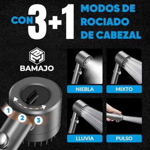 BAMAJO© Shower Head with 15 Stage Filter – Anti-Limescale Shower Filter with 1.5 M Hose – High Pressure Shower Head with 3 + 1 Water Saving Modes – 4 Anti-Limescale Shower Filters – Shower Head
