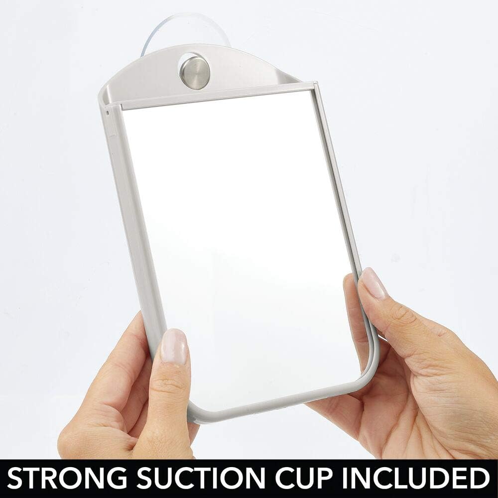mDesign Bathroom Shower Suction Fog Away Shaving Mirror - Light Gray/Brushed -