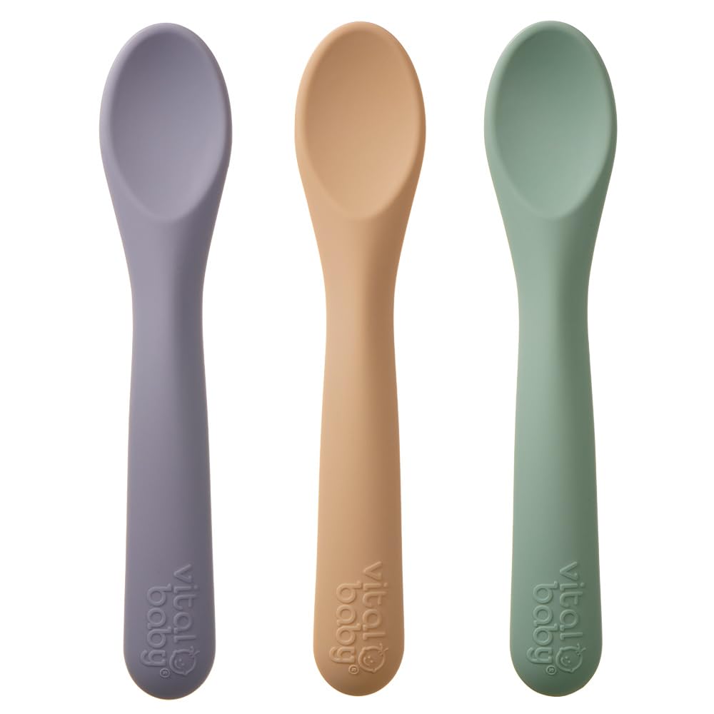 Vital Baby Nourish Silicone Spoons - Super Soft Silicone | Comfy and Convenient for Weaning | Baby's First Tastes | Easy Grip Handles | Hygienic Design | BPA-Free - Pastel Colours - Pack of 3