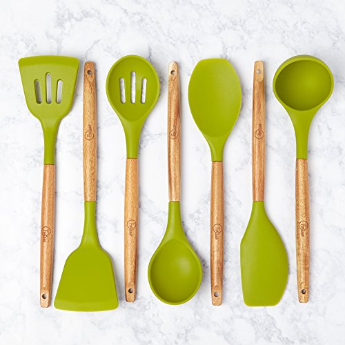 image for MazhKitchen Wood Handle Silicone Spatula Utensil Set - Kitchen Utensil