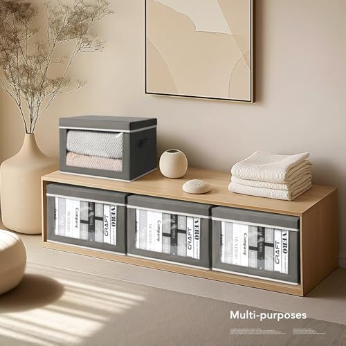 Homsorout Fabric Storage Boxes with Lids - 3 Pack Wardrobe Storage Organiser Bins with Transparent Window, Foldable Cube Storage Baskets for Toy, Clothes, Shoe, Books, Dark Grey