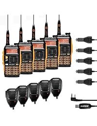 Paquete de 5 Baofeng Pofung GT-3TP Mark-III Tri-Power 8/4/1 W radio de dos vías transceptor, doble banda 136 174/400 520 MHz 8 W, con antena de alta ganancia, actualizado chip + 5 remoto altavoces + 1 cable de programación