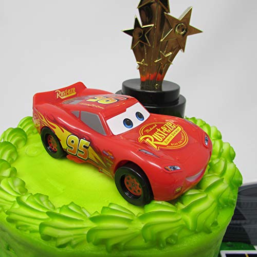 Cars 3 Birthday Cake Topper Set Featuring Lightning McQueen and Cruz Ramirez Figures with Decorative Themed Accessories