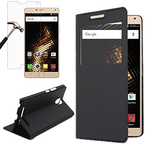 Gzerma for BLU Energy XL Case with Screen Protector, Lightweight Folio Flio PU Leather Cover with Quick View Window and Magnetic Closure and Bubble Free Protective Film for BLU EnergyXL (Black)