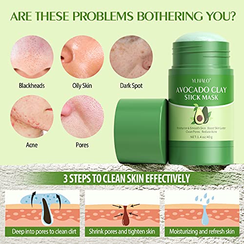 Clay Stick Mask for Blackheads Remover and Pores, Purifying Clay Stick Mask Avocado Dead Sea Mud Mask with Gua Sha Tool, Facial Mask Moisturizes, Improve Skin Dullness, Oil Control and Anti-Acne