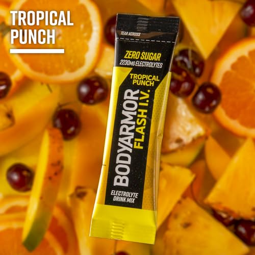BODYARMOR FLASH IV ELECTROLYTE PACKETS, TROPICAL PUNCH – ZERO SUGAR DRINK MIX, SINGLE SERVE PACKS, COCONUT WATER POWDER (6 COUNT)