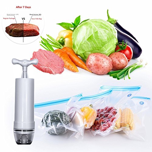 Sous Vide Bags Kit, 20 Reusable BPA Free Food Vacuum Sealed Bagsï¼Œ2 Bag Sealing Clips,1 Hand Pump and 4 Sous Vide Clips, Easy to Use for Food Storage & Cooking