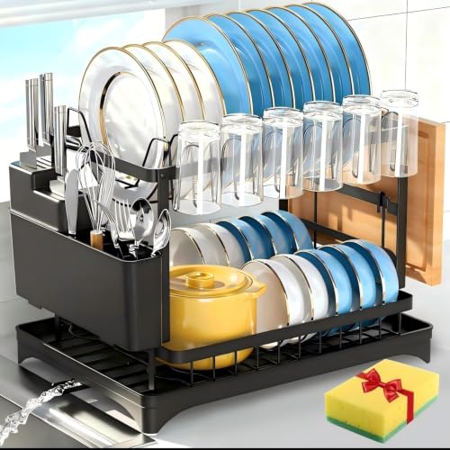 ACOVARK Escurridor de Trastes Acero Inoxidable, 2 Niveles Encimera de Cocina con Sistema de Drenaje Automático, Escurridor de Platoscon Soporte para Tazas, Utensilios, Tabla de Cortar