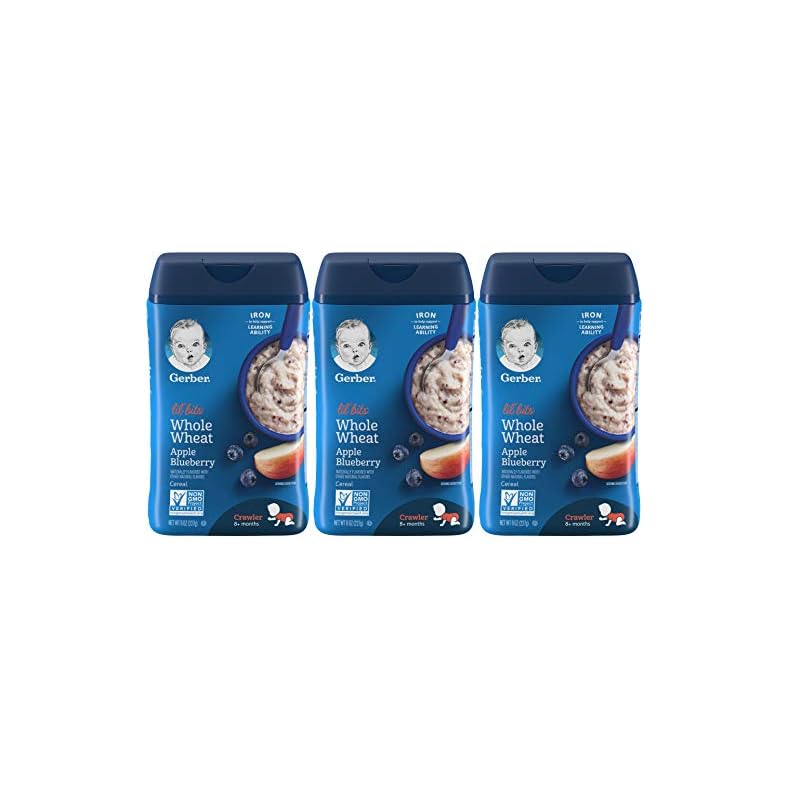 Gerber Cereal for Baby Grain & Grow Cereal, Lil’ Bits Whole Wheat Apple Blueberry Cereal, Non-GMO, For Crawlers 8…