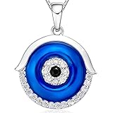 Evil Eye Necklace CZ Rhodium Plating Navy Blue Fashion Jewelry, Lucky BFF Anniversary Gift for Women, 18