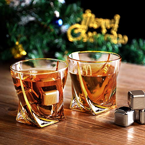 Whiskey Glasses, Set of 2 Scotch Glasses with Reusable Ice Cubes in Luxury Gift Box, Tumblers for Drinking Bourbon, Cognac, Irish Whisky, Large 11oz Premium Glass Tasting Cups for Men & Women