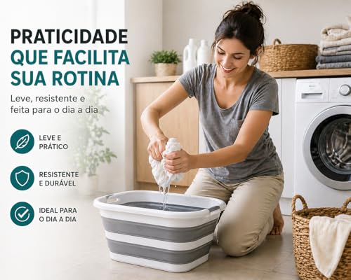 Balde Retratil Silicone 26L Dobrável com Alca Multiuso para Limpeza Lavanderia Armazenamento Compacto Resistente Branco Cinza