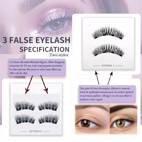 Magnetic Eyelashes, 3 Pairs of Magnetic Eyelashes, Natural Cute Design, Without Eyeliner, Full Eyelashes & 3/4 Half Eyelashes Styles, Magnetic Eyelashes, 4 Magnet Upgrade with Applicator, No Glue