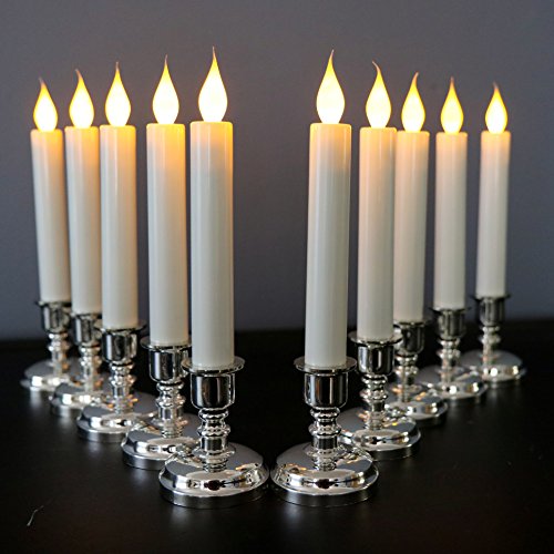 Set of 10 Flameless White Taper Window Candles with Removable Silver