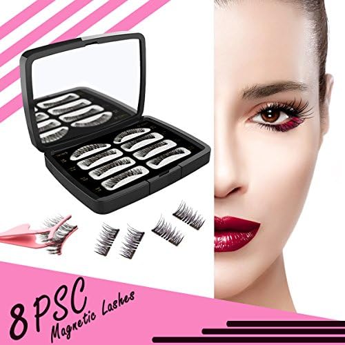 Magnetic Eyelashes Dual Magnet Glue-free, 3D Lashes Reusable Long Lasting False Eyelash and Professional Eye Lash, With Free EyeLash Tweezers (8 PCS)
