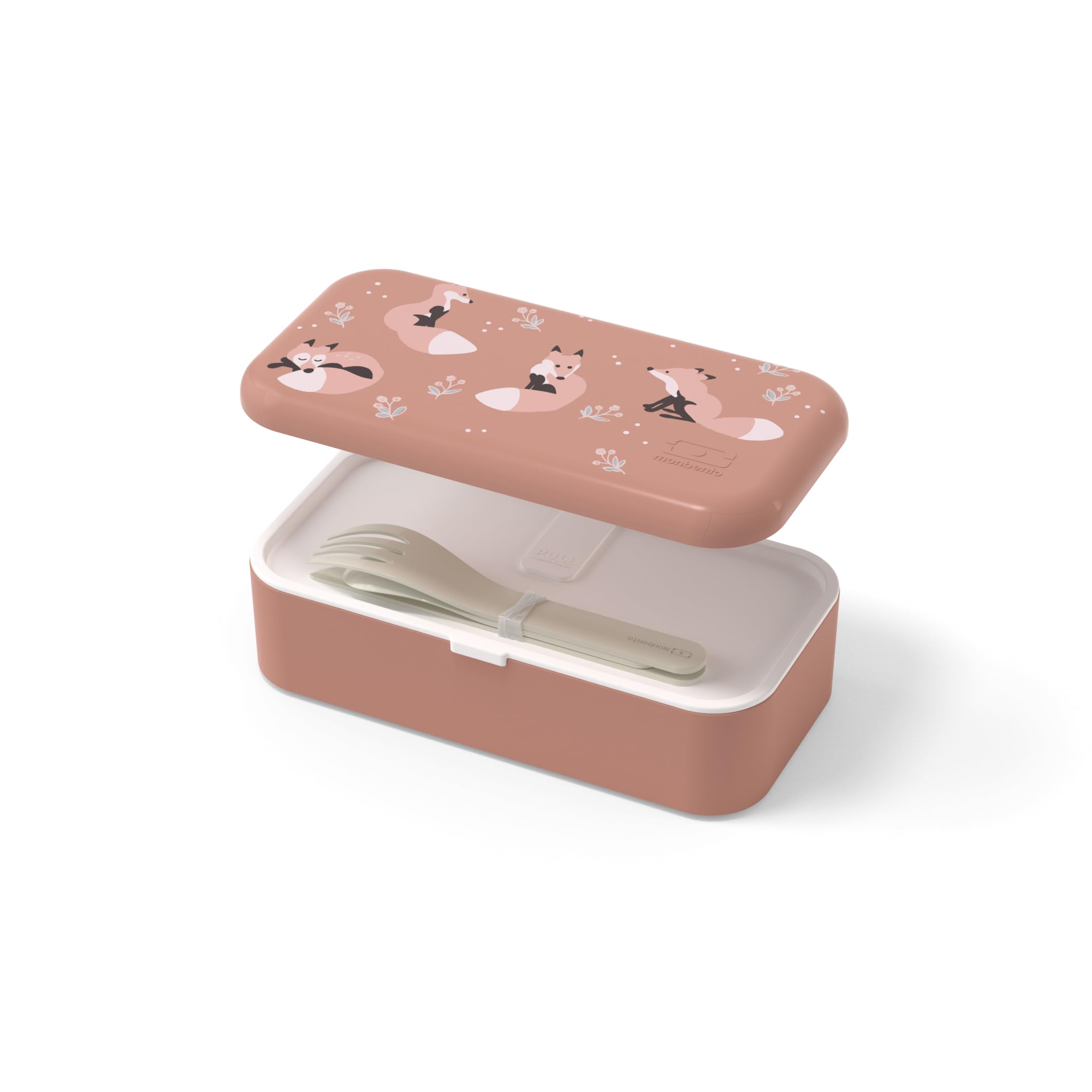 monbento - Kids Lunch Box MB Foodie Fox with MB Pocket Kids Cutlery Set Beige - Cute Bento Box Made in France - Ideal for Lunches or Snacks at School/Park - Pink & Beige