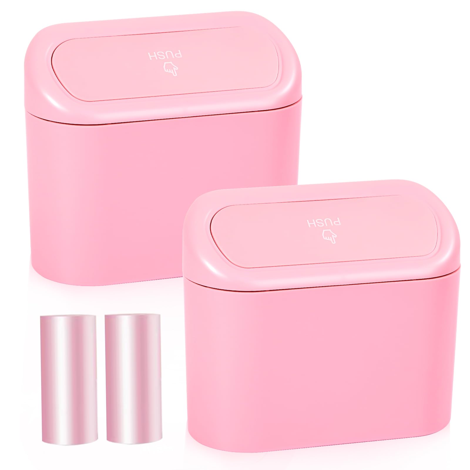 Photo 1 of NBTEPEM Pink Car Trash Can with Lid - 2 Pack, Mini Auto Garbage Can with 60 Trash Bags, Leakproof Automotive Garbage Container Bin, Multipurpose Organizers and Storage for Car, Home, Office (Pink)