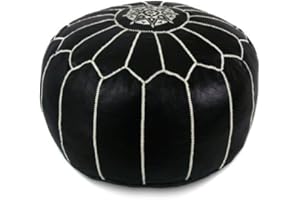 Mina Poufs Stuffed Round Design Moroccan Leather Pouf Ottoman, Handmade, Pre-Filled, 100% Genuine Leather, 13” Height x 20” Diameter, Footstool & Living Room Décor (Black with White Stitches)