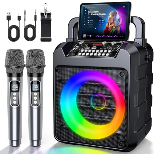 Dislocati Karaoke Maschine Komplettset mit 2 Wireless Mikrofonen, Tragbarer 20W Bluetooth 5.3 Lautsprecher mit LED PartylichtGurt | Für Garten, Feiern