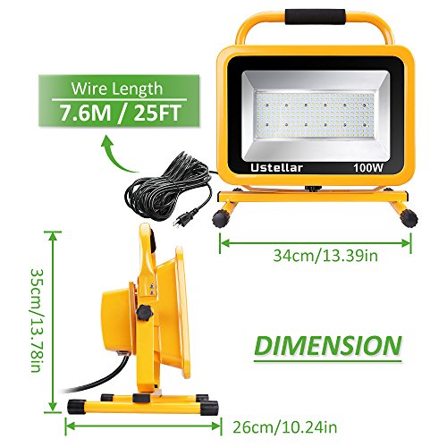Ustellar 10000LM 100W LED Work Light (1000W Equivalent), 2 Brightness Levels, Waterproof Flood Lights, 25ft Cord with Plug, Stand Working Lights for Workshop, Construction Site, 5000K Daylight White