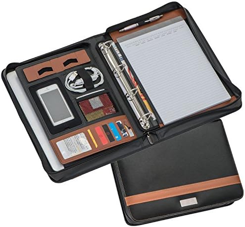 CrisMa Bonded Leather (Bonded Leather) Briefcase A4 Black/Brown with Ring Binder Mechanism, Calculator A4 Notepad and Various Pockets