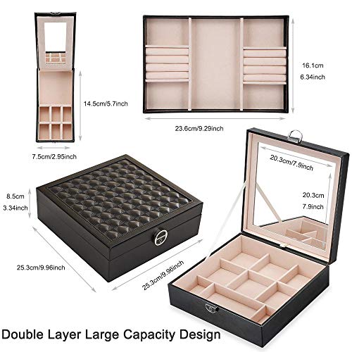 VEEKALA Two Layer PU Leather Large Jewelry Holder Display Storage Case with Lock