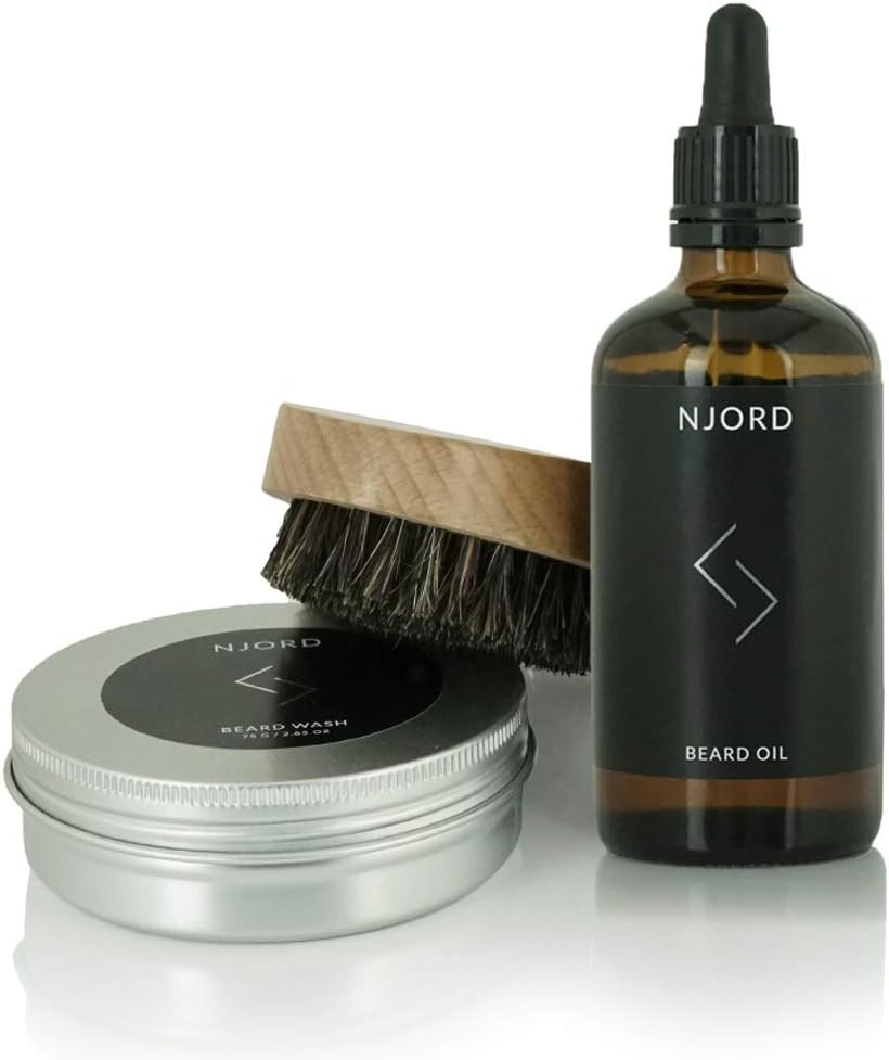 NJORD Beard Kit, Nourishing Beard Wash/Beard Shampoo (75g), Hydrating Beard Oil (100ml) & Beard Brush for Everyday Beard Care - Essential Beard Grooming Kit for Men and the Perfect Gift Set, 3 pcs.