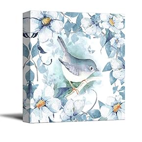 Square Canvas Wall Art - Light Blue Water Color Style Painting of Bird and Flowers - Giclee Print Gallery Wrap Modern Home Art Ready to Hang - 12x12 inches