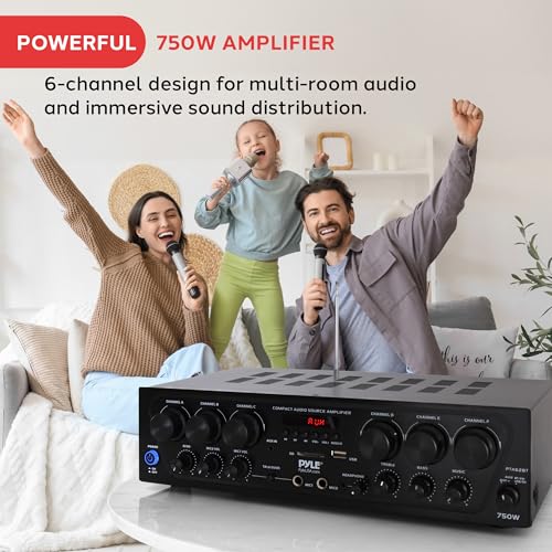 Pyle Sistema de Amplificador de Audio Inalámbrico Bluetooth para el Hogar, Sistema Mejorado de 6 Canales, 750W, Receptor Estéreo con USB, Micro SD, Entrada para Auriculares y