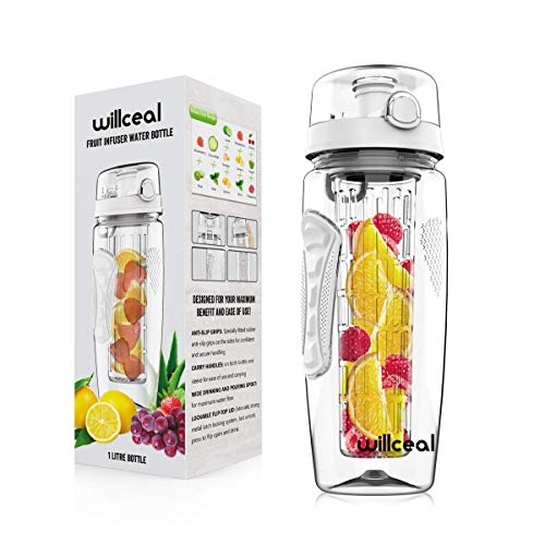 willceal Fruit Infuser Water Bottle 32oz Durable, Large - BPA Free Tritan, Flip Lid, Leak Proof Design - Sports, Camping (White)
