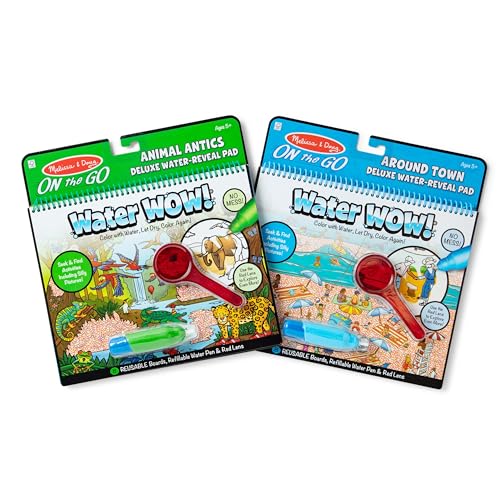 Melissa & Doug Water Wow Reusable Color-with-Water Deluxe Travel Activity Pad 2 Pack – Around Town, Animal Antics