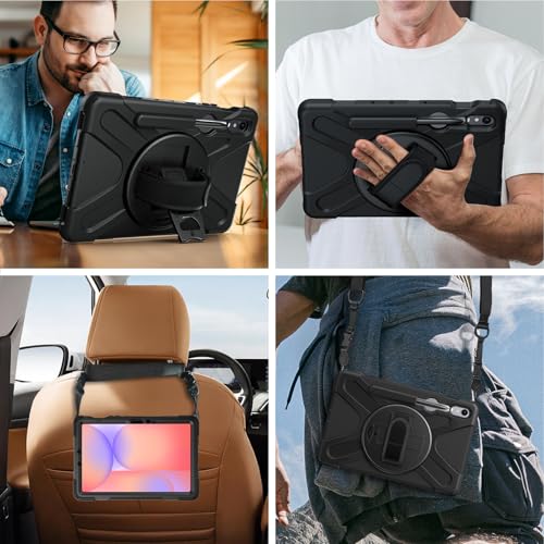 Gerutek Anti-Drop Case for Samsung Galaxy Tab S10 Lite 10.9 Inch/Tab S10 FE/Tab S9 FE/S9 11 inch (2025/2023), Rugged Case with Stand 360° Rotation, Hand/Shoulder Strap, Pencil Holder, Black
