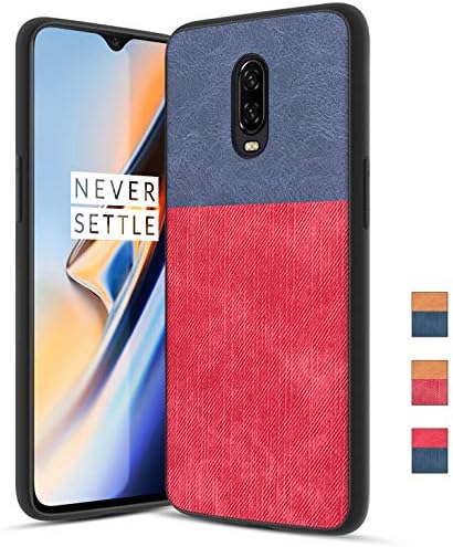 OnePlus 6T Case with Dual Layer Shockproof Half PC Back & TPU Soft Jeans Lines Full-Body Protective Armor Scrape Proof Heavy Duty case, Blue+Red