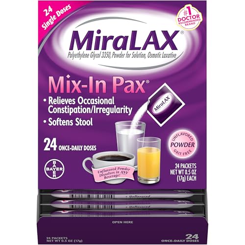 MiraLAX Gentle Constipation Relief Laxative Powder, Stool Softener with PEG 3350, No Harsh Side Effects, 1 Doctor & OBGYN Recommended, Single Dose Mix-In Pax, Travel Pack, 24 Dose