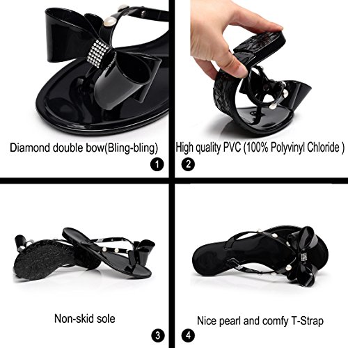 AlwaysU Womens Ladies Jelly Shoes Toe Ribbon Bow Diamante Summer Flat Flip Flop Thong Sandals Size - Thumbnail 5