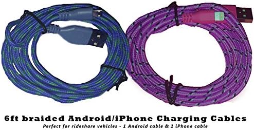 Uber Lyft Phone Charging Cables - 6ft(200 cm) 1 ea. Android &amp; iPhone (Blue &amp; Purple)
