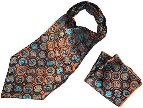 Men's Flower Jacquard Woven Self Cravat Tie Ascot Pocket Square Handkerchief Set (Brown Orange)