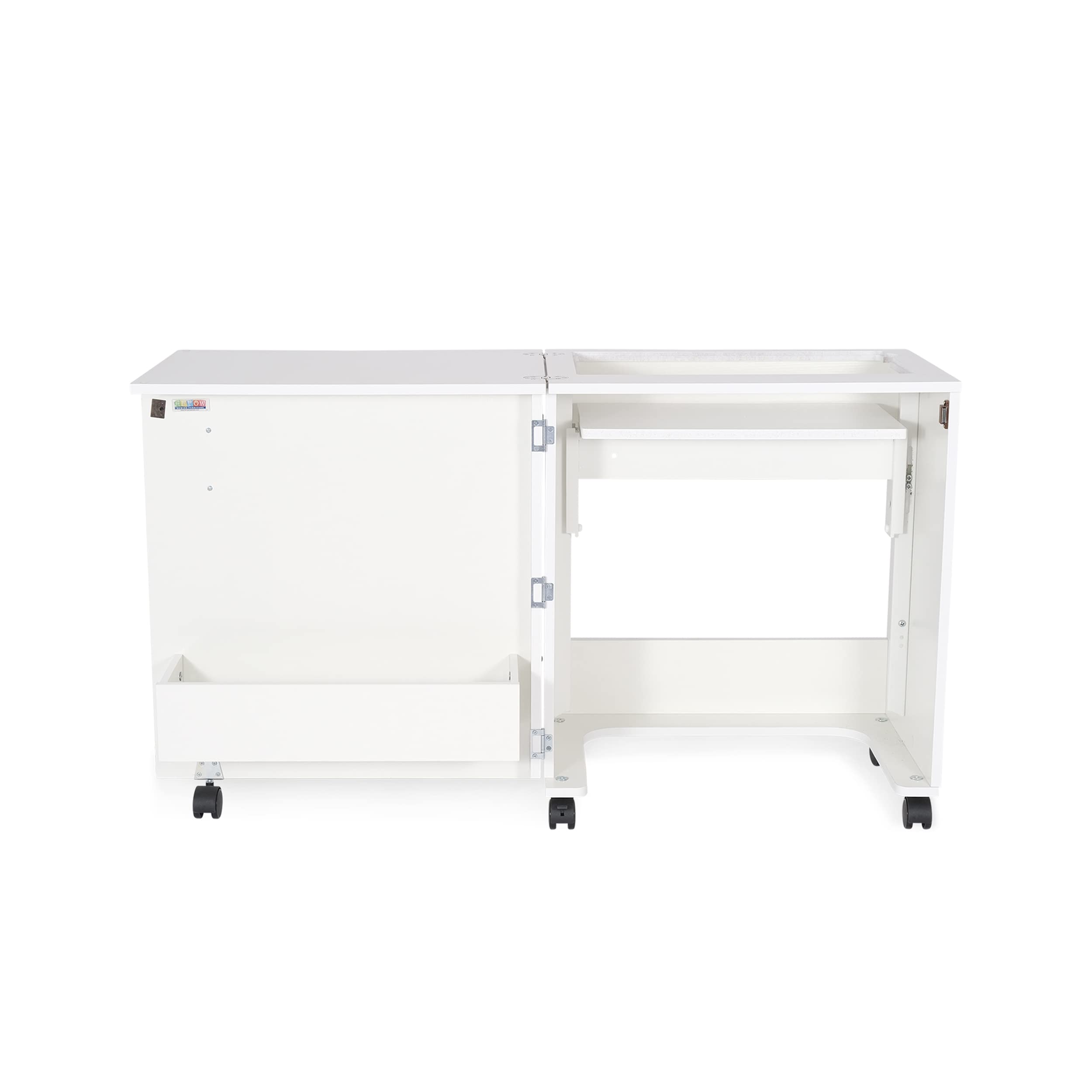 Arrow Sewing Classic Furniture “Judy” Sewing Cabinet: Portable, Folding, Compact, Locking Wheels, with Storage Bin and Hydraulic Machine Lift-White