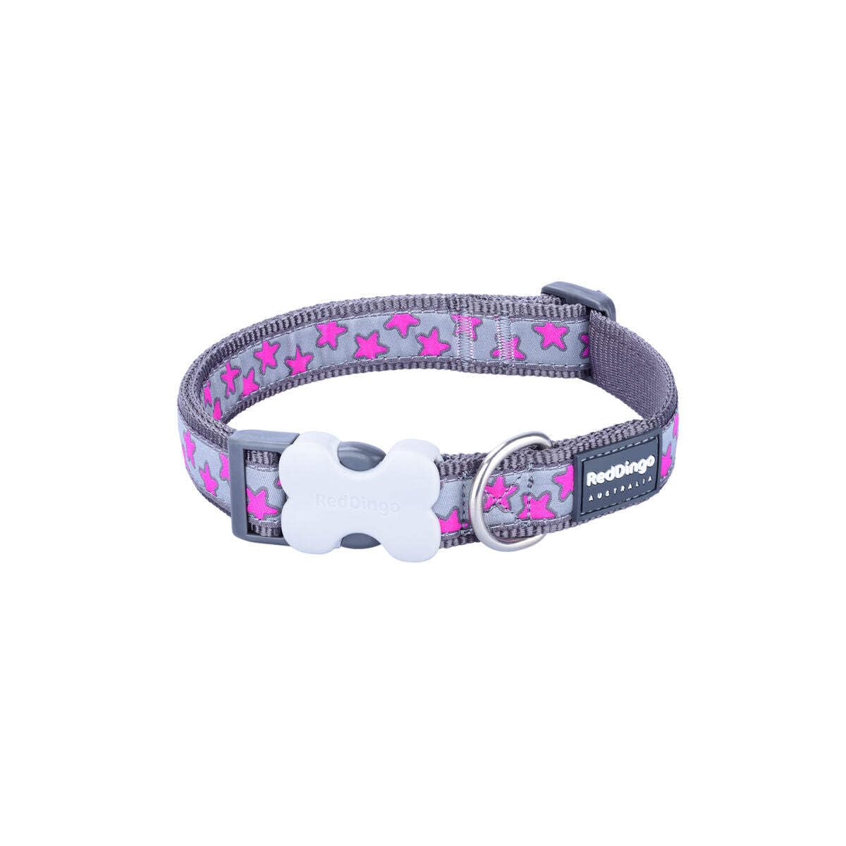 Red Dingo Bucklebone Dog Collar Design, Hot Pink Stars on Grey, Small 15mm