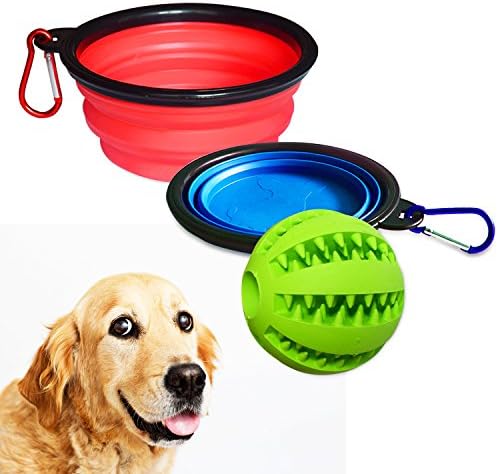 2 Sets Collapsible Dog Bowls With IQ Training Toy Ball, Neodot Pet Food Water Feeding Folded Travel Bowls With Non-Toxic Soft Rubber Silicone Toy Ball For Dogs Teeth Cleaning Chewing