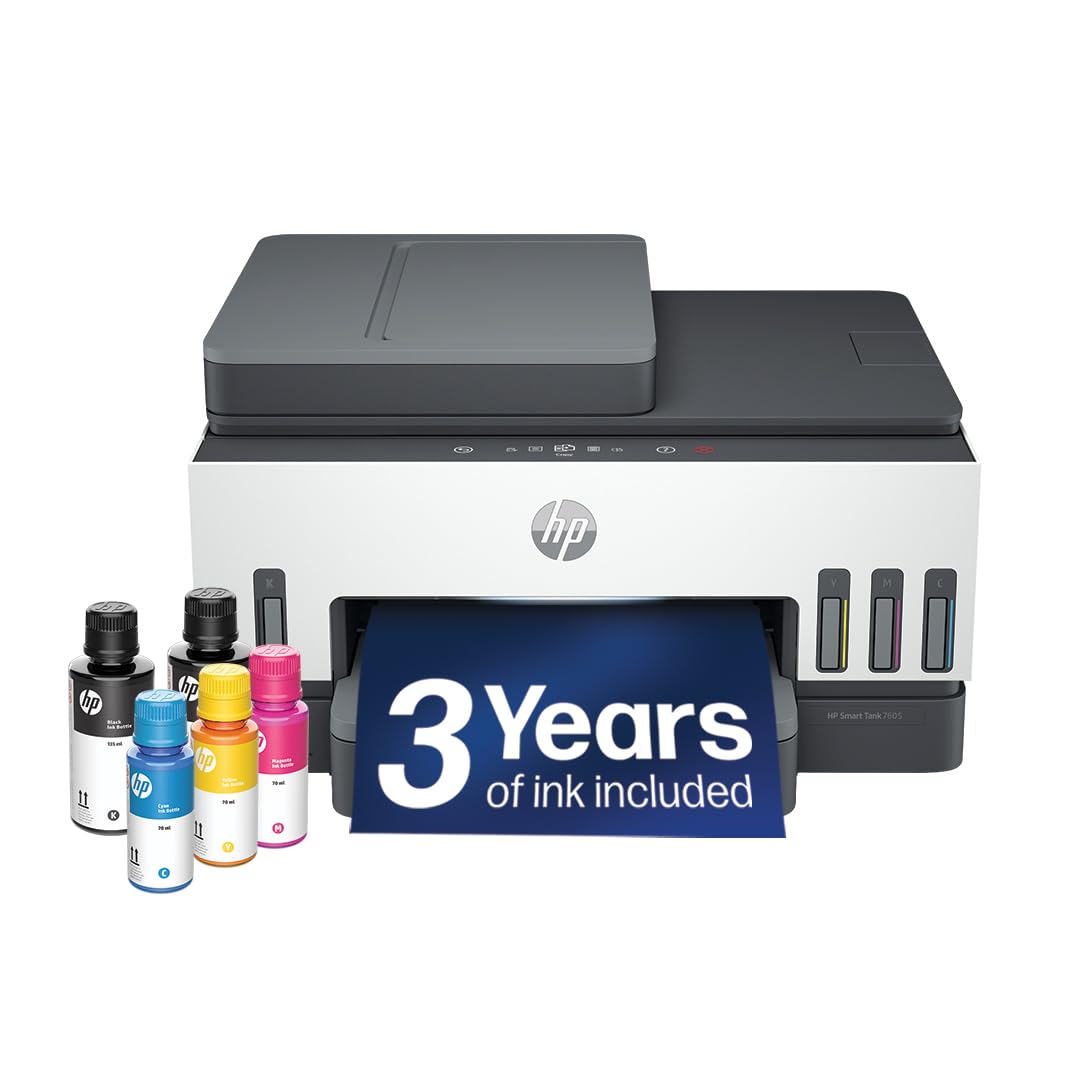HP Smart Tank 7605 All in One Printer | Perfect for Home | Colour | Wireless, Ethernet | Print, Scan, Copy, Fax | Refillable, Includes up to 3 Years of Ink | 2-Sided Printing | Document Feeder
