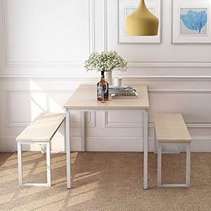 Dining Room Table Set, 3 Pieces Farmhouse Kitchen Table with 2 Benches, Metal Frame and MDF Board, Modern Furniture for Home, Cafeteria, Apartment and Farm House (Beige/Black)