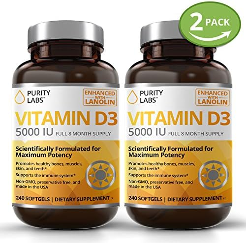 2 Bottle Bundle - Save an Extra 10% - VITAMIN D3 5000IU 240 Softgels - 8 Mo. Supply - From Lanolin a Safe Source for High Potency Bio-available D3 - Promotes Healthy Bones, Muscles, Skin, &amp; Teeth