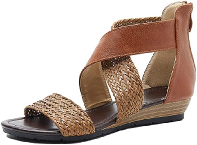 Amazon.com: Kreasmile Women Posh Summer Flat Heel Round Open Toe Back Zipper Wedge Sandals Arch 