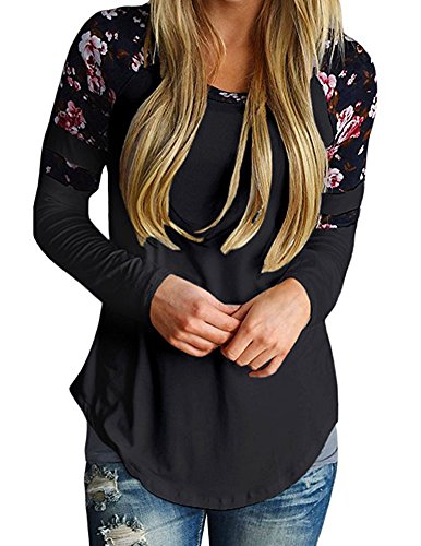 Womens Casual Floral Print Loose Tops Ladies Long Sleeve Round Neck Blouses Shirts for Women (Black,S)