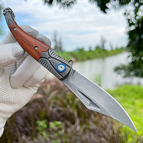 MINOWE Folding pocket Knife 3.9" Damascus Steel Blade with metal pocket