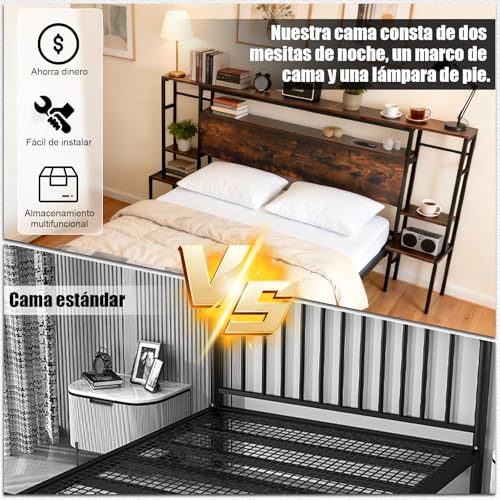 CNHVEIF Base de Cama con Cabecera y Luces RGB, Base Cama con Estación de Carga USB Incorporada y Espacio de Almacenamiento, Cama Metálica con Mesilla de Noche, Fácil Montaje