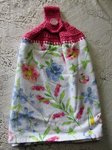 Wildflowers Pink &amp; Blue Double Thickness Hanging Kitchen Towel - Pink Cotton Crochet Top